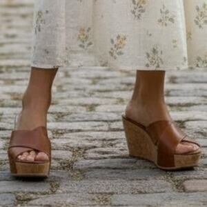 Franco Sarto Frost 2 Platform Wedge Heel Sandals 8M Open Toe Mules Leather Brown